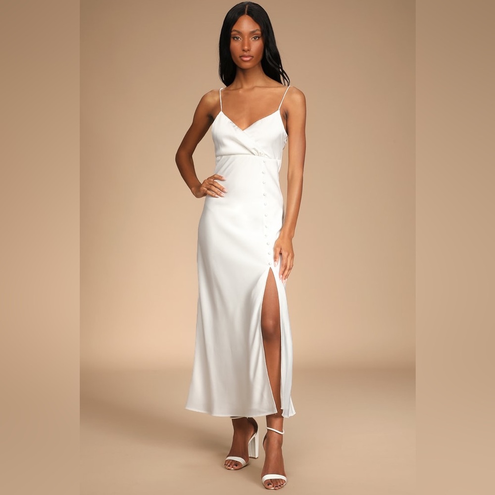Lulus Go Beyond Chic White Satin Midi Slip Dress
Size Small